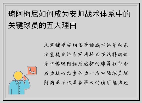 琼阿梅尼如何成为安帅战术体系中的关键球员的五大理由